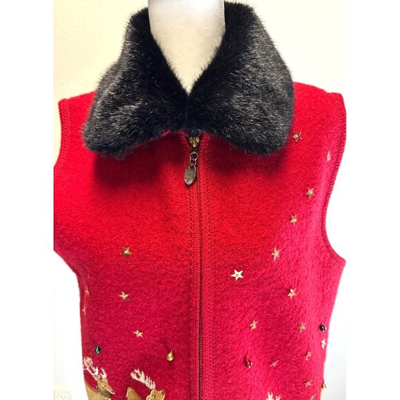 Vtg Lisa International 100% Wool Reindeer Sweater Vest Faux Fur Collar Medium - Picture 4 of 12